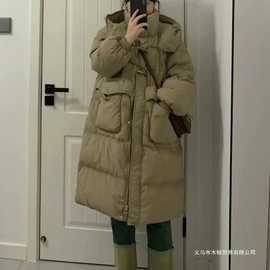 韩版宽松棉服女大码长款过膝连帽棉衣冬季新款胖收腰加厚面包服