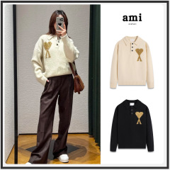 重磅！ami针织polo衫跨境大爱心提花宽松气质25ss新款翻领羊毛衣