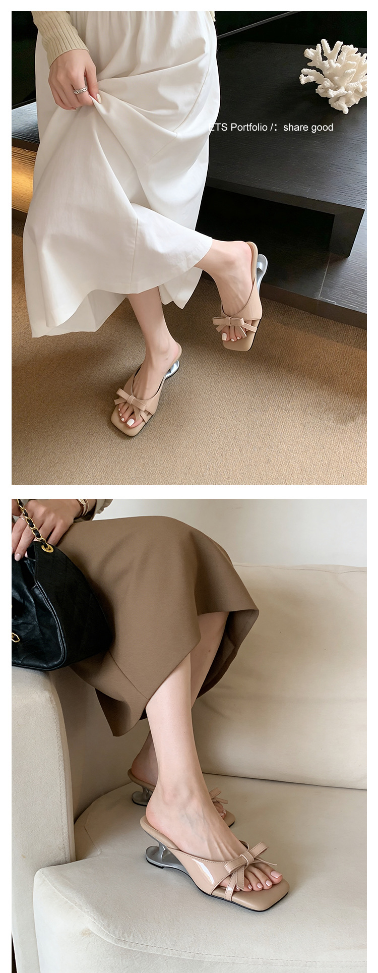 Sandal cao gót nữ mũi vuông hở ngón, đế xuồng chấm bi nơ bướm, gót 6 cm — màu đen, màu trắng ngà, màu mơ chi tiết 23