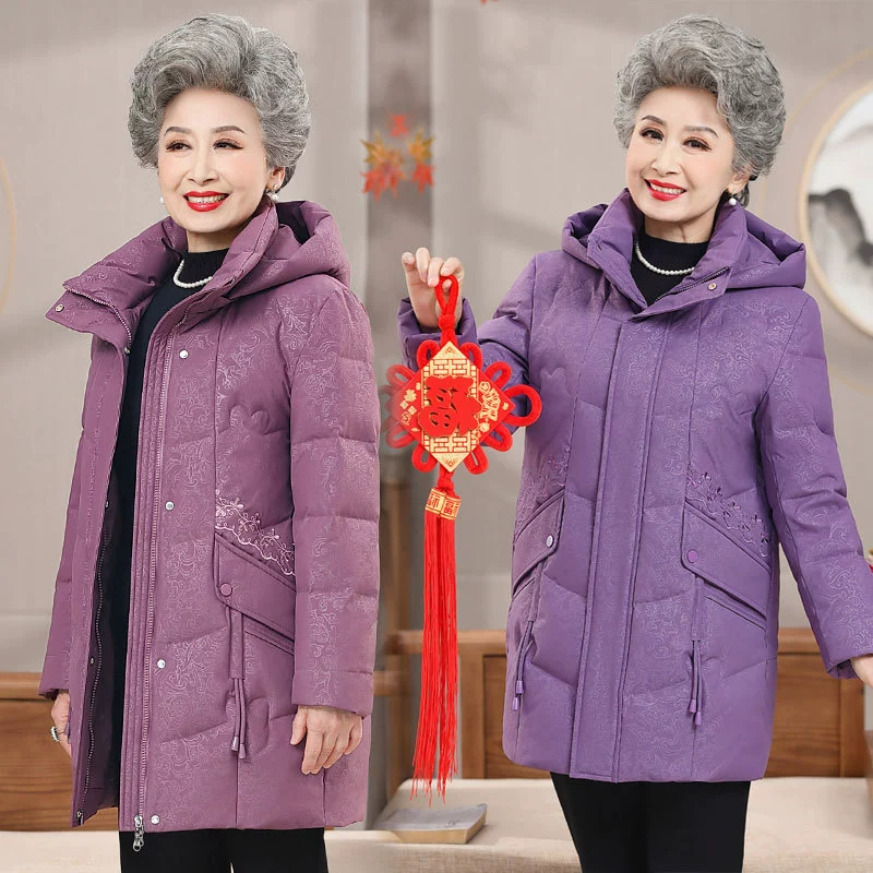Пуховик для бабушки, зима 2023, Новый пуховик с капюшоном для матери среднего и пожилого возраста, утепленный, большие размеры, 60 лет, 70 пальто