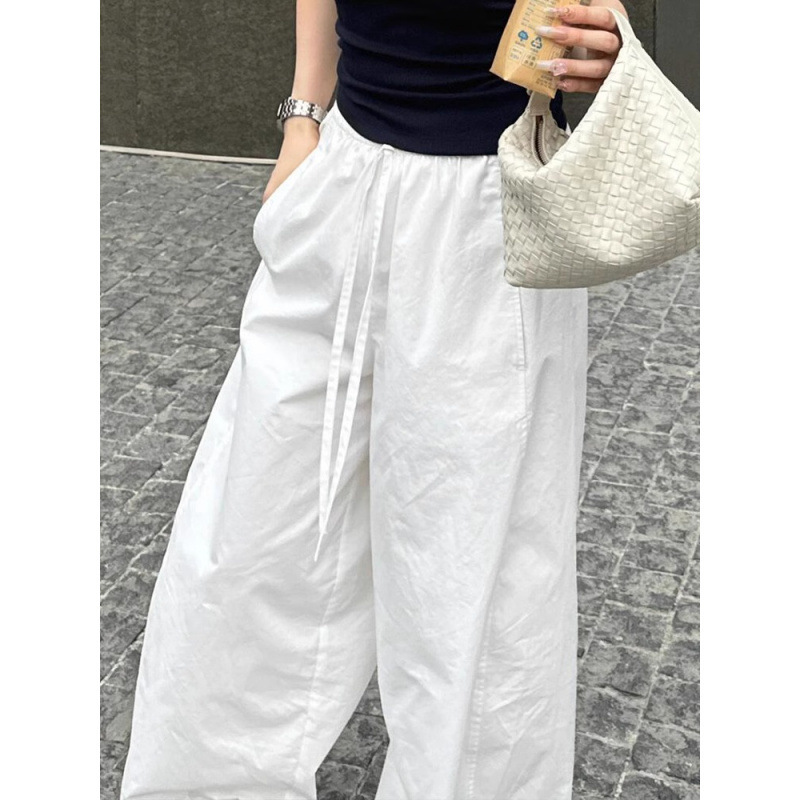 チャオ級おすすめ！ミニマリスト白巾着ワイドレッグパンツ女性のための 2025 春夏新しい巾着ルーズカジュアルパンツ|undefined