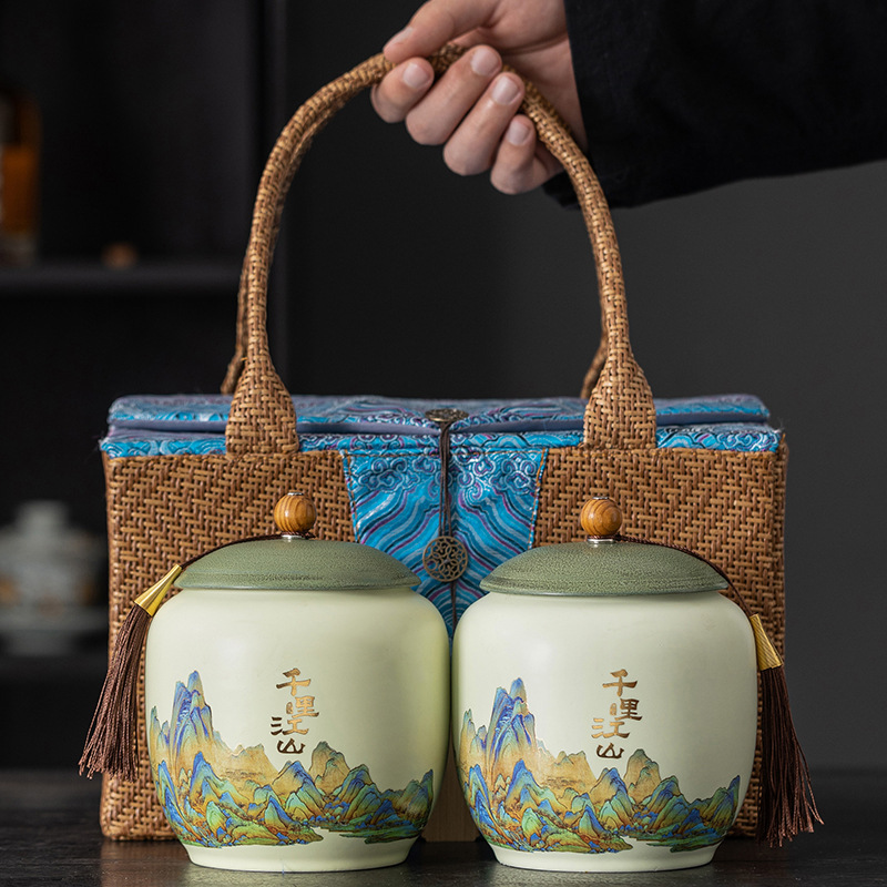 藤编布包千里江山礼盒高档陶瓷茶叶罐龙井红茶绿茶通用密封储存罐