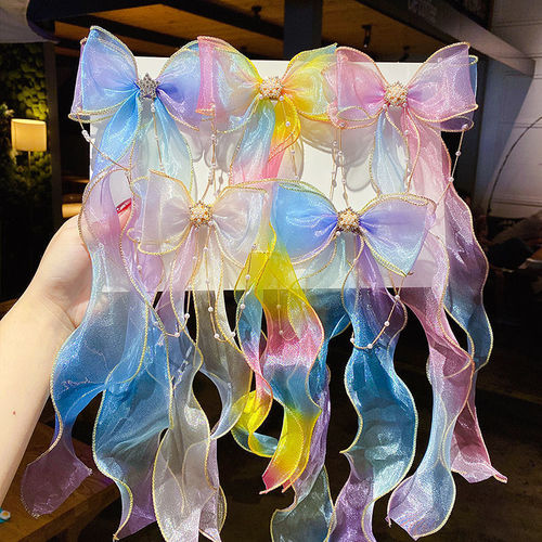 Mesh bow tiara clip little girl children's hair accessories hair clip braided streamer tassel hair clip wholesale gradient