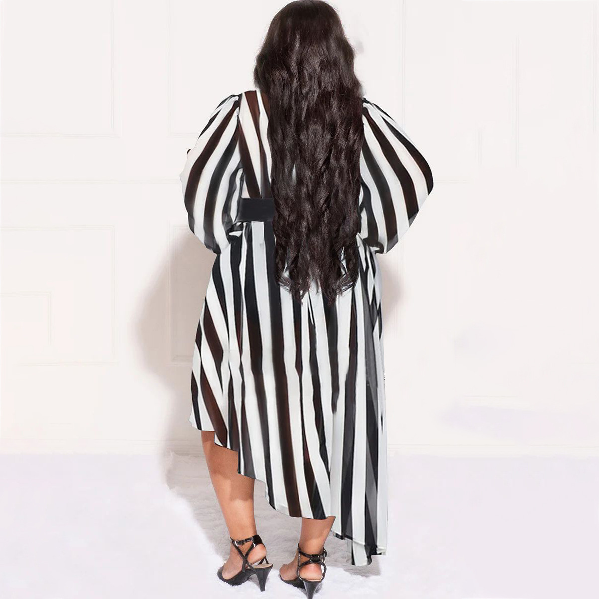 Plus Size Long Sleeve Round Neck Print slant hem Dress NSLNW137041