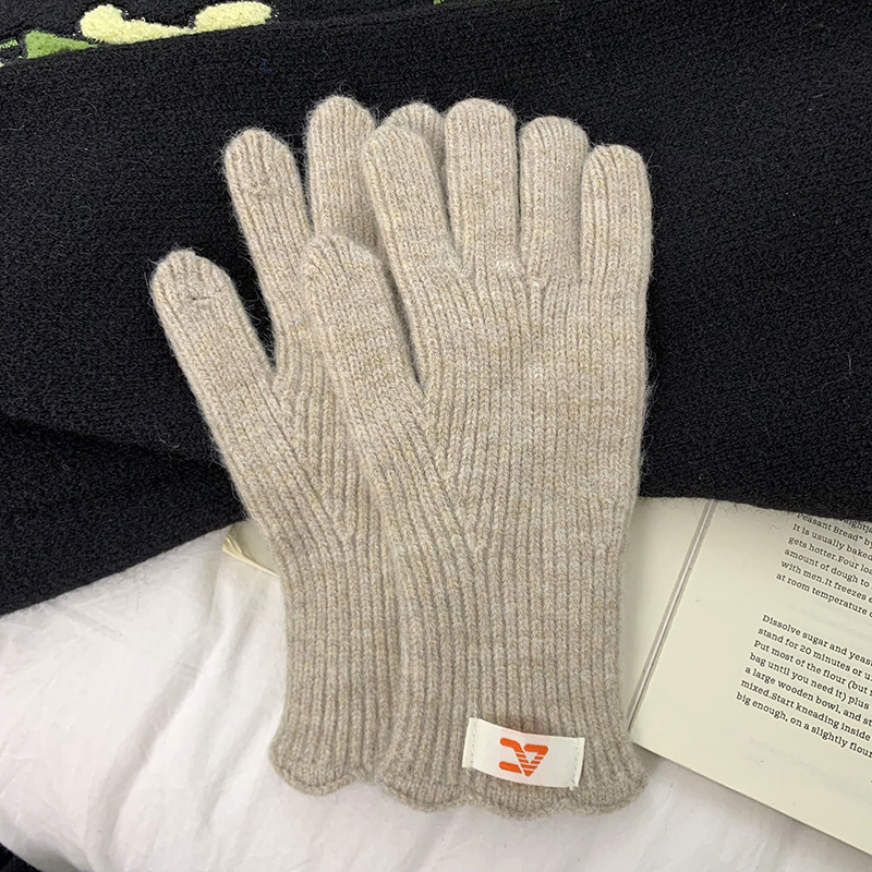 Guantes de lana de punto para mujeres otoño y invierno alargados y gruesos guantes de ciclismo de encaje caliente de color sólido con pantalla táctil