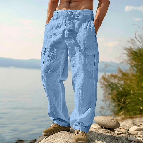 Amazon New Men's Cotton and Linen Four Seasons Thin Breathable Workwear Multi-Pocket Loose Casual Trendy Wide Leg Pants