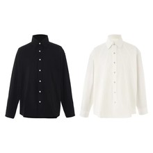 新秋冬款亚麻黑白复古男士透气宽松工装修身立领长袖衬衫