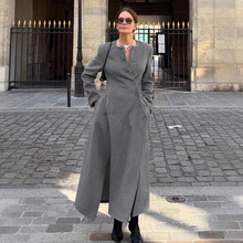优雅通勤灰色圆领长款毛呢大衣女2026春季设计感收腰西装外套女装
