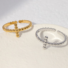 時尚氣質鈦鋼戒指女小眾設計感不鏽鋼指環十字架簡約開口戒指批發