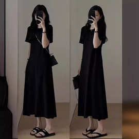 赫本风感宽松显瘦黑色连衣裙子女夏季t恤裙2024新款气质长裙