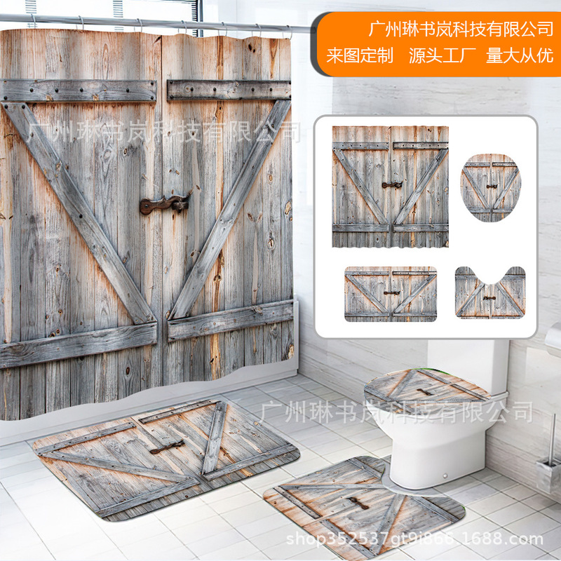 Cross-Border Hot-Selling Farm Barn Door Shower Curtain Polyester Digital Printing Shower Curtain Four-Piece Set Bathroom Partition Shower Curtain