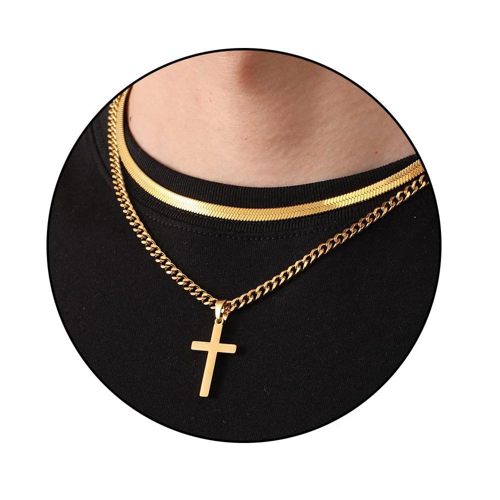 Cross Pendant Layered Necklace In Stainless Steel For Women_voghion.com
