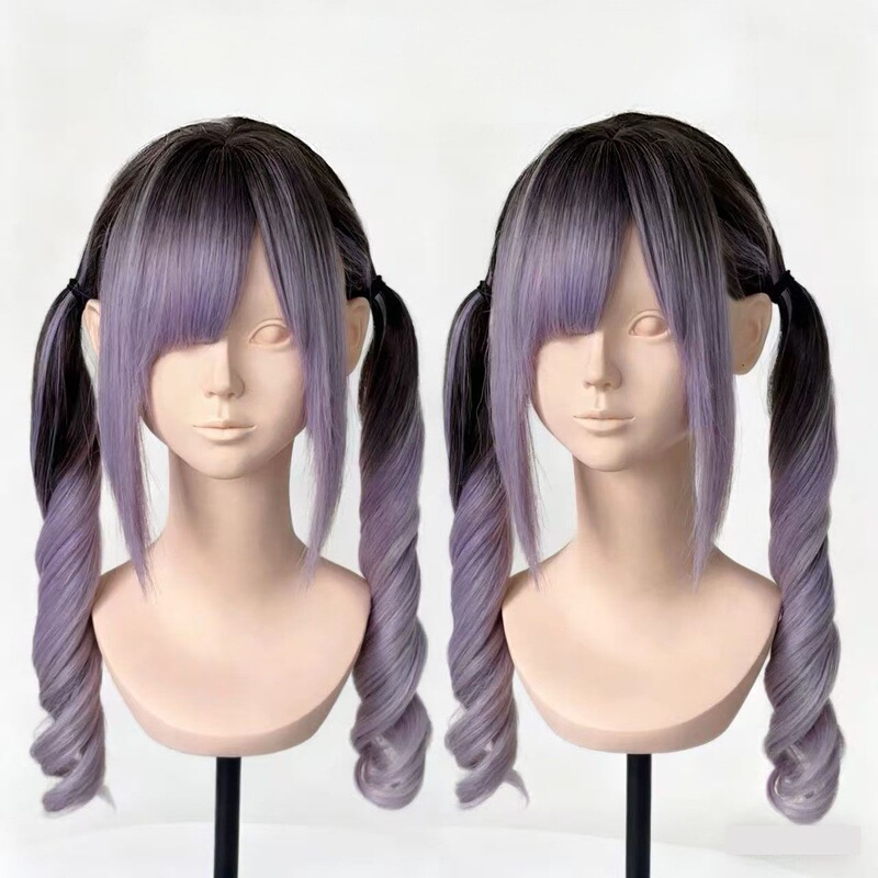 Black and Purple Gradient Light Purple Double Ponytail Wig Roman Curls Japanese Lolita Style Full Wig【Dark Vine Curls】