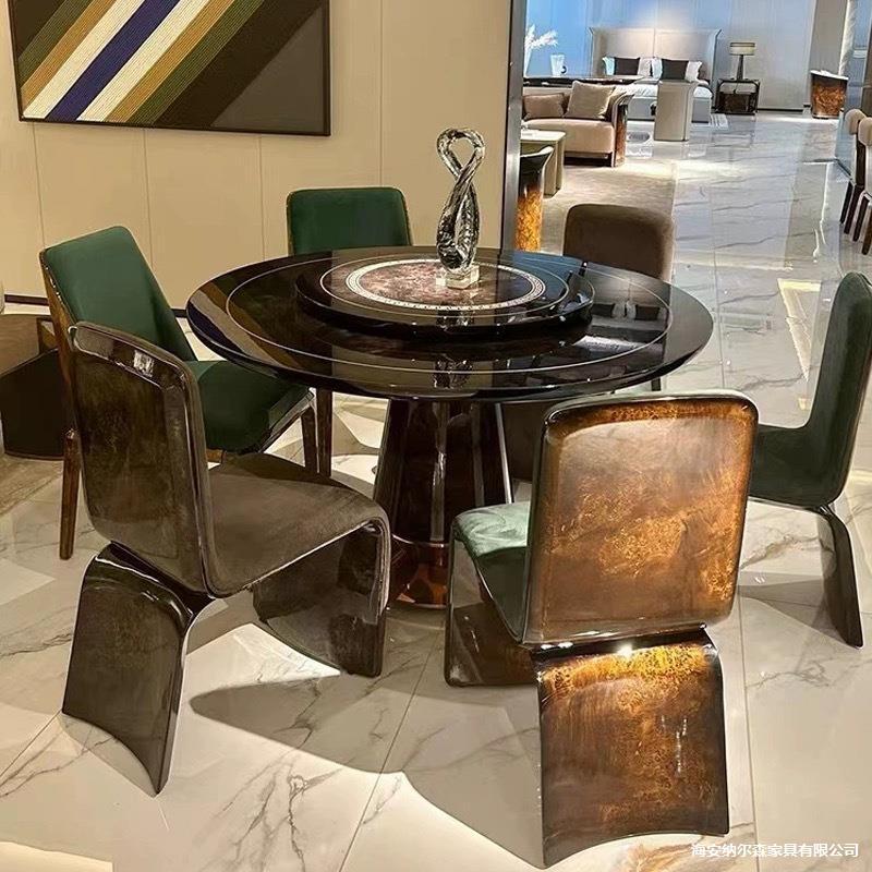 Italian Light Luxury Round Dining Table Bentley Solid Wood Baking Paint Round Table Dining Chair Combination Modern High-end Luxury Dining Table and Chair Combination