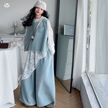 女童牛仔马甲套装早秋2025新款中大童蕾丝打底衫阔腿裤三件套春秋