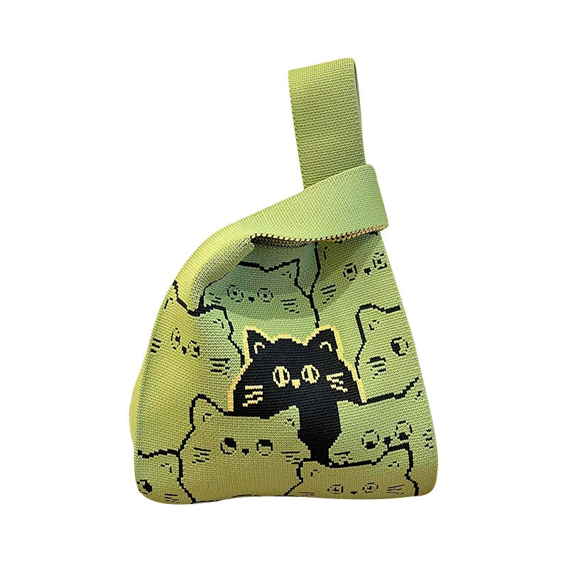 Knitted One-Shoulder Small Shoulder Bag, Cute Cat Pattern, Korean Style, Lightweight