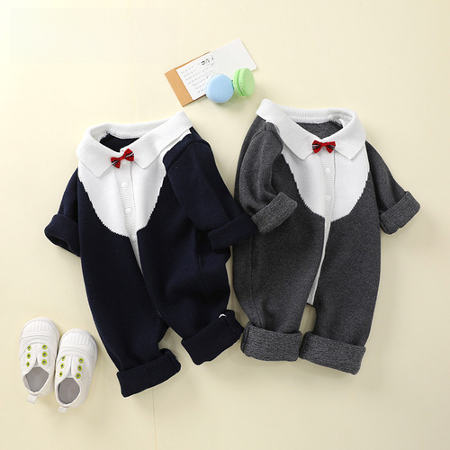 Infant Wool Sweater Autumn/Winter Baby Knitted Climbing Suit Children's Clothing Gentleman's Tie Sweater Knitted Onesie