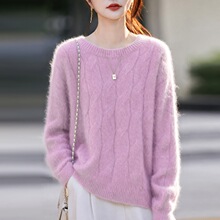 加厚新款拉绒黄大羊绒上衣羊毛扭花秋冬暖长袖宽松女士针织衫圆领