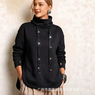 2026跨境欧美亚马逊闪钻抽绳高领卫衣女宽松黑色套头上衣