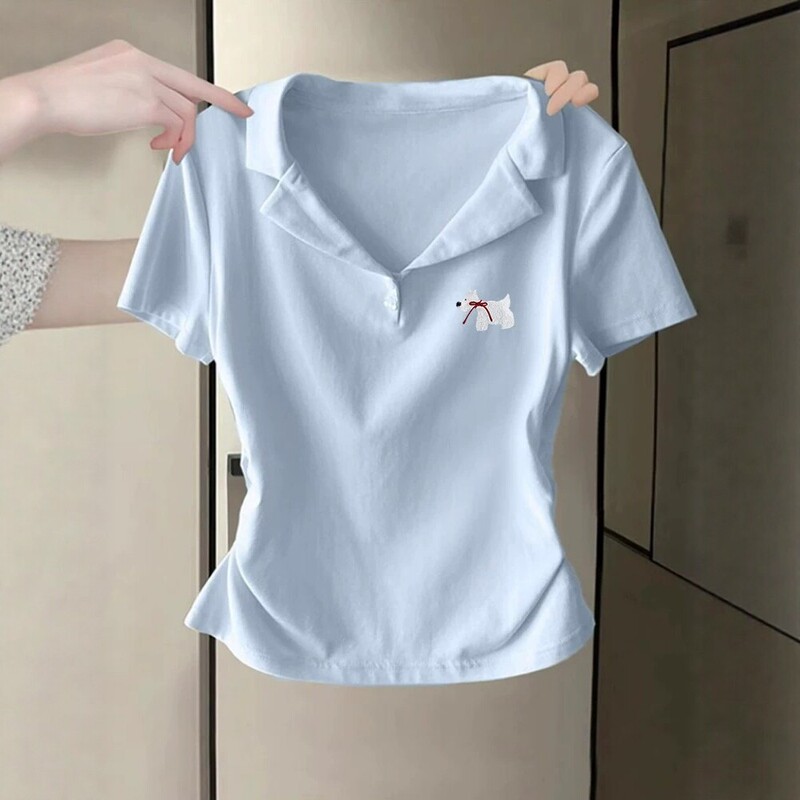 Dopamine Milk Blue Polo Collar Short-Sleeve Women's T-Shirt Summer 2026 New Style Slim-Fit Waist-Cinching Base Top