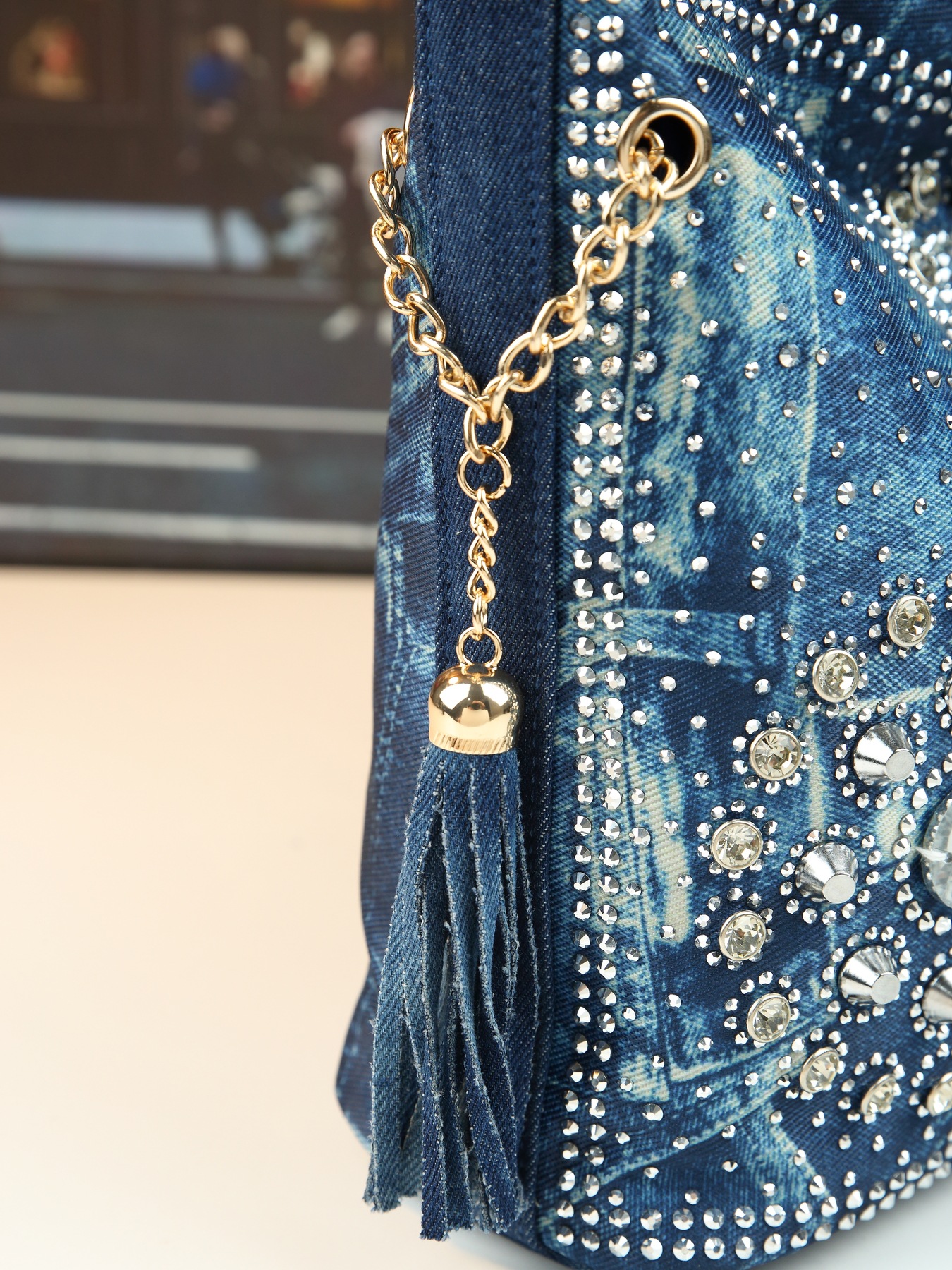 Borsa a spalla da donna in jeans con strass borsa a tracolla_voghion.com