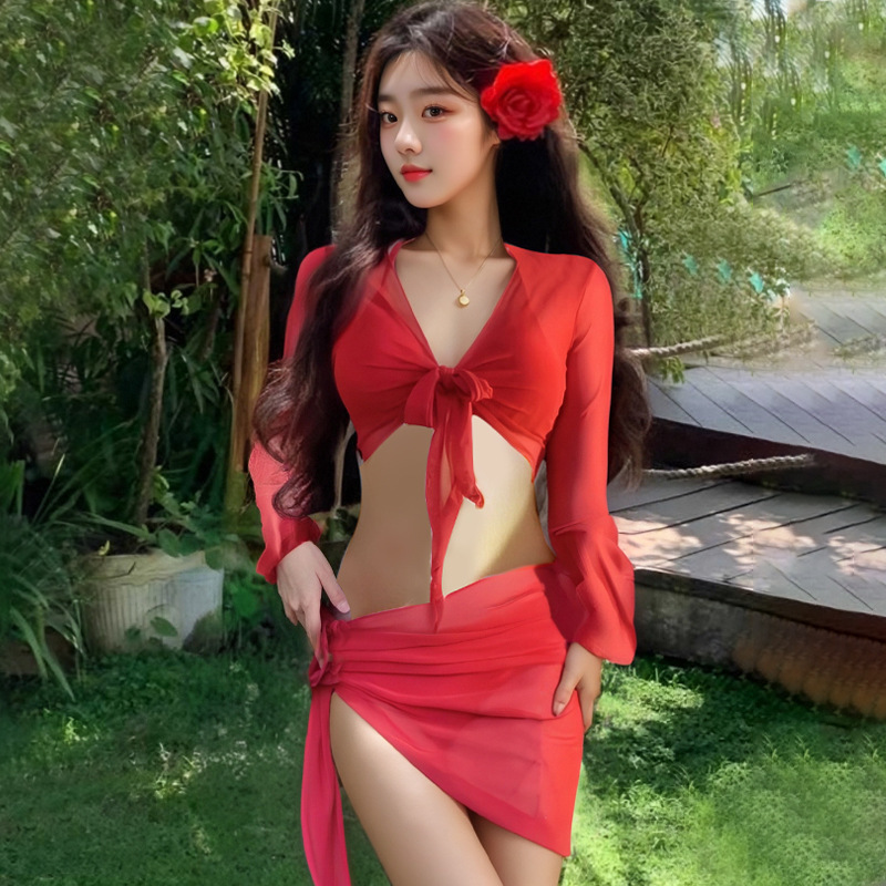 2025 traje de baño puro para mujer, bikini sexy blanco de cuatro piezas, protector solar de manga larga, chica caliente, traje de baño de playa al por mayor