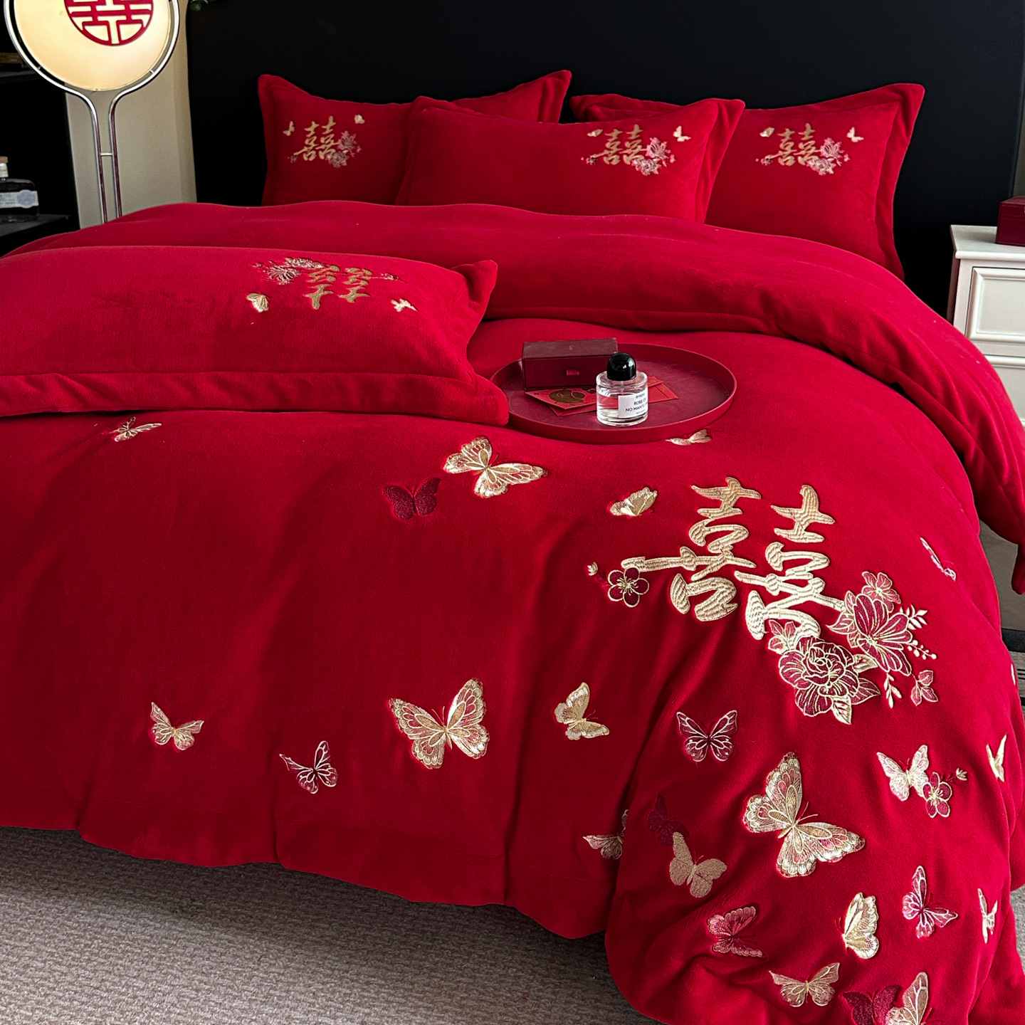 加厚牛奶绒婚庆四件套冬季保暖结婚床上用品喜庆刺绣被套红色床单|ru