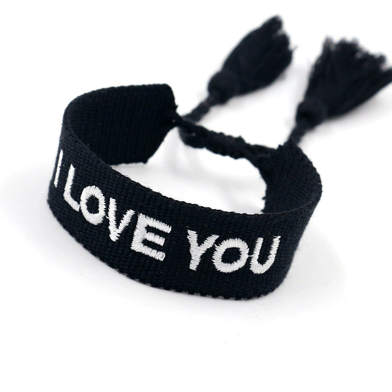 handmade woven bracelet, polyester, embroidered letters with tassels, adjustable (love)
