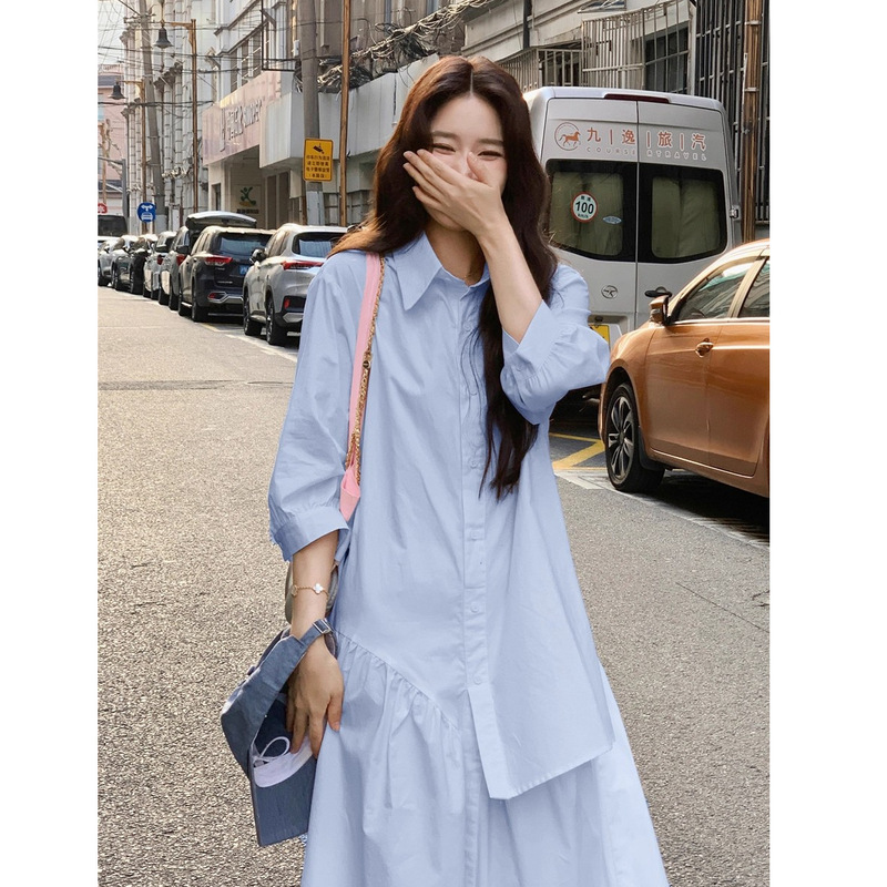 Designed Shirt Blue Dress for Women Irregular Korean Style French Forest Style Casual Loose Fashion Versatile Long Skirt
