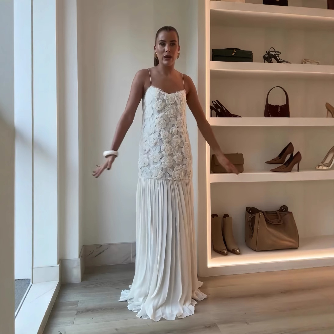 Cross-Border European and American Clothing Aliexpress Popular Three-Dimensional Rose Decorated Ruffled Splicing Suspender Dress