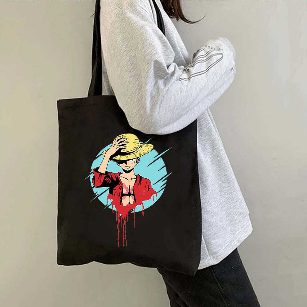 Una pieza de una pieza luffy anime impreso bolsa de lona bolsa de hombro bolsa plegable bolsa de compras