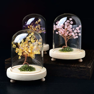天然水晶发财树摆件玻璃罩摇钱树家居客厅办公桌面创意装饰品