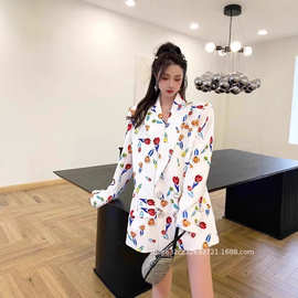 法式名媛中长款西装外套女2024春秋新款时髦洋气白色别致印花西服