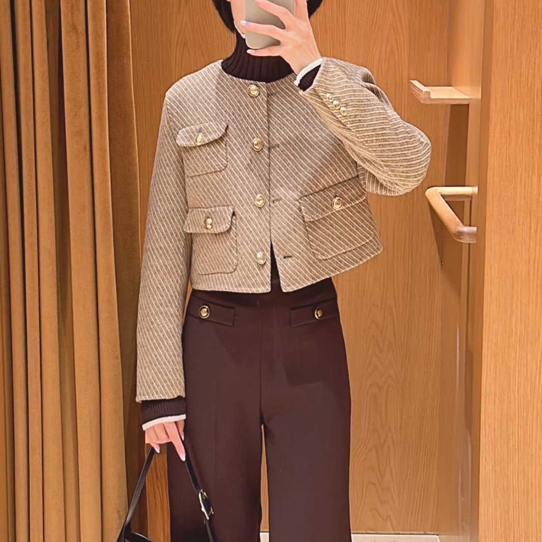 In-Stock Simple Chanel-Style Round Neck Long-Sleeve Twill Double-Sided Wool Multi-Pocket Short Jacket Top for Autumn and Winter S2038