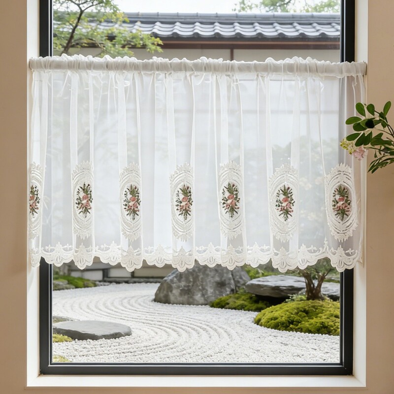 French-Style Sheer Gauze Curtain with a Dreamy Translucent Feel, Short White Gauze Curtain with Embroidered Flowers and Lace Trim, Half Curtain Decorative Curtain French-Style Sheer Gauze Curtain with a Dreamy Translucent Feel, Short White Gauze Curtain with Embroidered Flowers and Lace Trim, Half Curtain Decorative Curtain