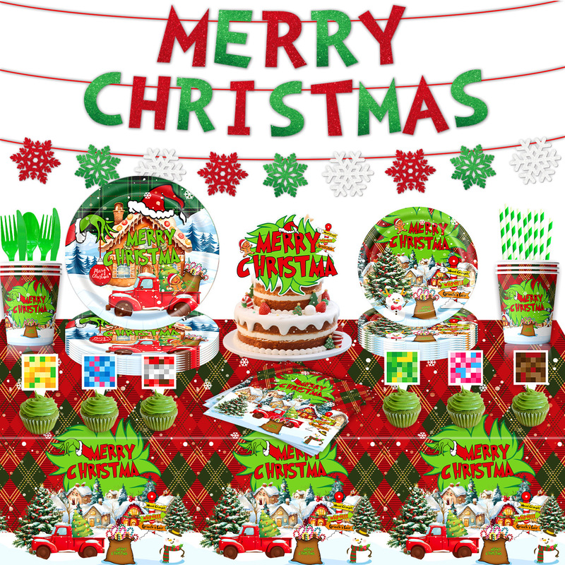 Cross-Border New Product Christmas Grinch Theme Party Decoration Flag Cartoon Party Supplies Tableware Christmas Decoration