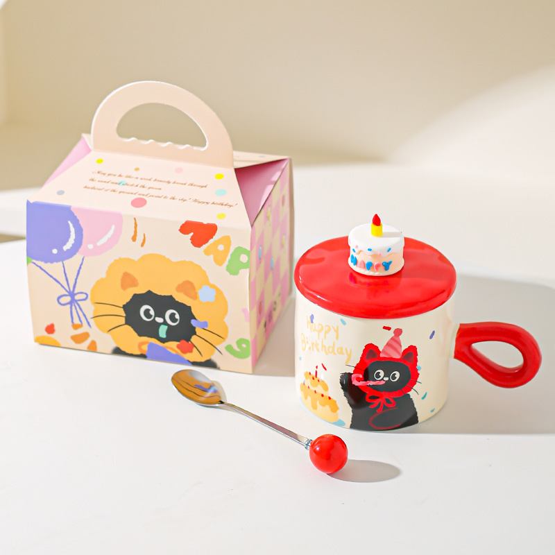 Caricatura encantadora gato cerámica taza de agua copas de alto valor caja de regalo regalo regalo de cumpleaños taza de desayuno