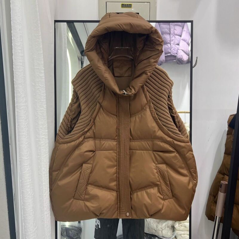 Extra Large Size Fat down Cotton Vest New Year Women's Loose Hooded Splicing Jacket Autumn and Winter