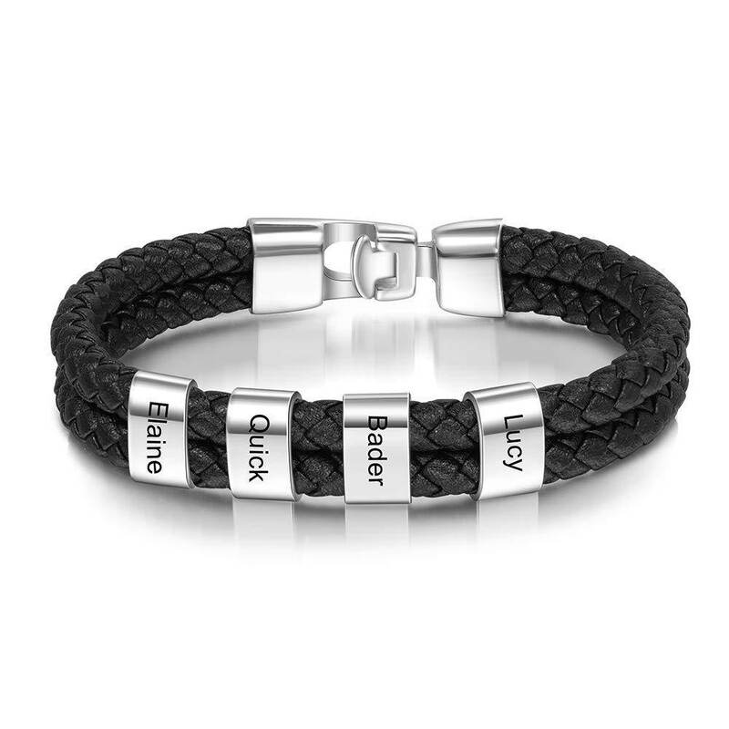 Men's Leather Bracelet Black Braided Leather Cord Name Engraved Bracelet Men's Double Layer Stainless Steel Engraved Bracelet