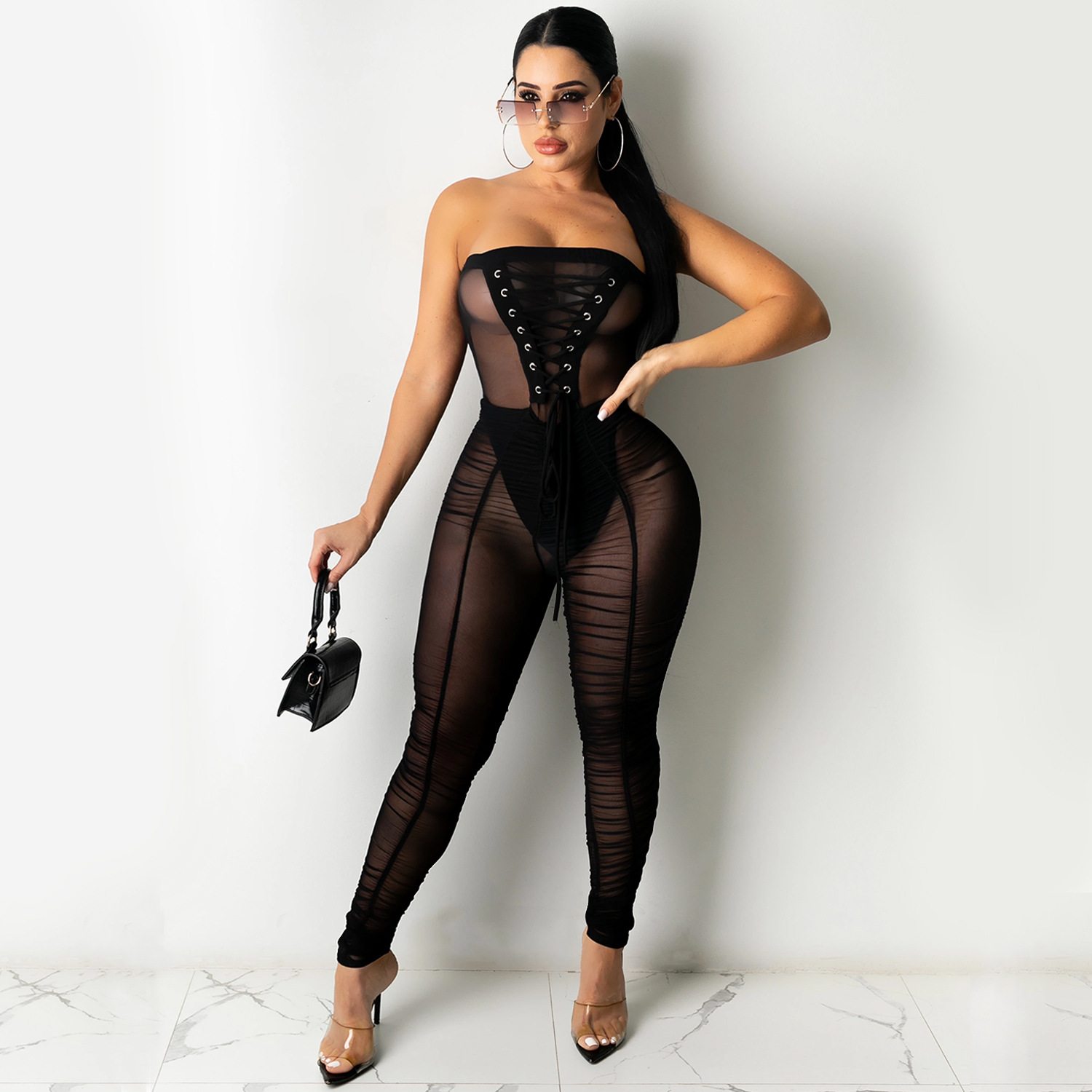 solid color wrapped chest sexy see-through jumpsuit nihaostyle clothing wholesale NSXYZ68563