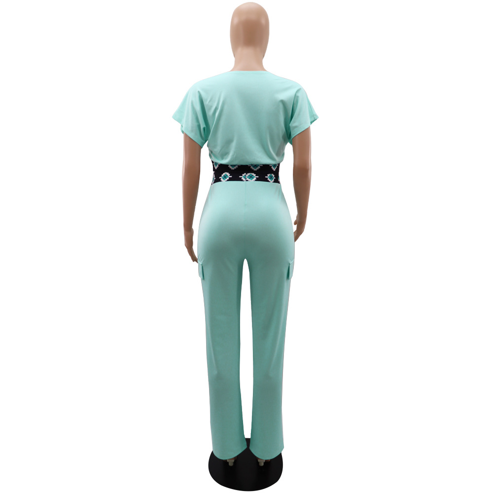 Casual Short Sleeve Coat Women Summer Solid Color All Matching Loose Straight Trousers Two Piece Set