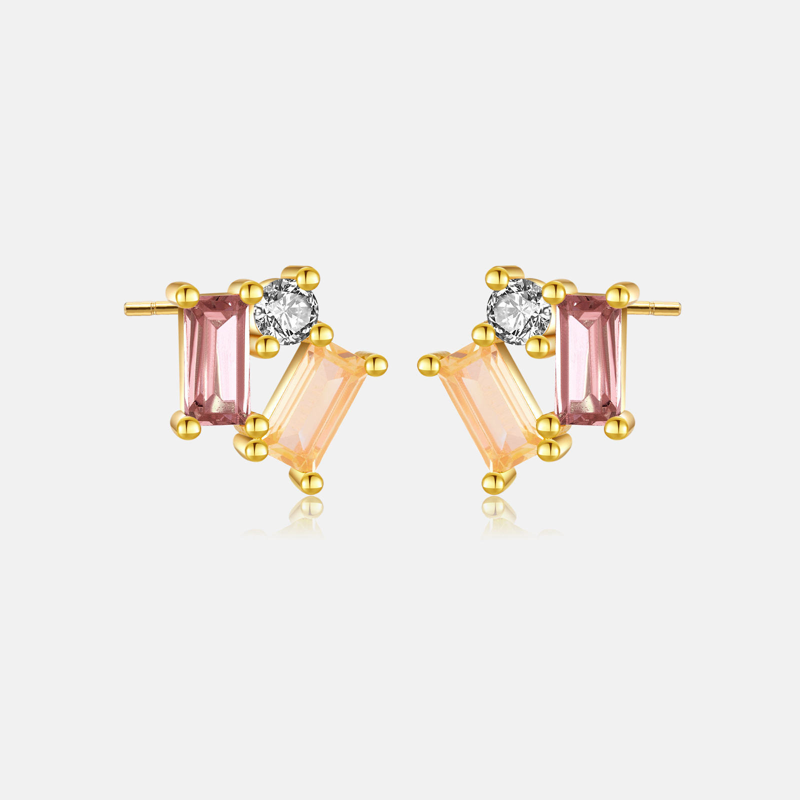 Rectangle Pattern Women's Gender 1 Pair 18K Gold Plated 925 Sterling Silver Zircon Rectangle Ear Studs