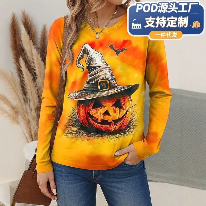 Halloween Women's Long Sleeve T-Shirt with Pumpkin and Skull Pattern, Vintage Fashion Round Neck Regular Fit Top for Everyday and Weekend Wear Halloween Women's Long Sleeve T-Shirt with Pumpkin and Skull Pattern, Vintage Fashion Round Neck Regular Fit Top for Everyday and Weekend Wear