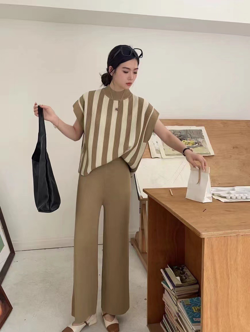 Round Neck Neckline Regular Fit Fit Type Stripe Pattern Daily Women's Casual Elegant Stripe Polyester Pant Co-ord Set Pants Sets