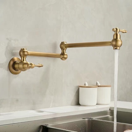 All-copper, antique-style, wall-mounted, foldable kitchen faucet with a retro dual-switch design, suitable for rotating vegetable sinks and single-handle stovetops and soup pots
