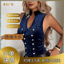 2026马甲女装欧美外贸新款金丝绒马甲女优雅无袖复古排扣外套