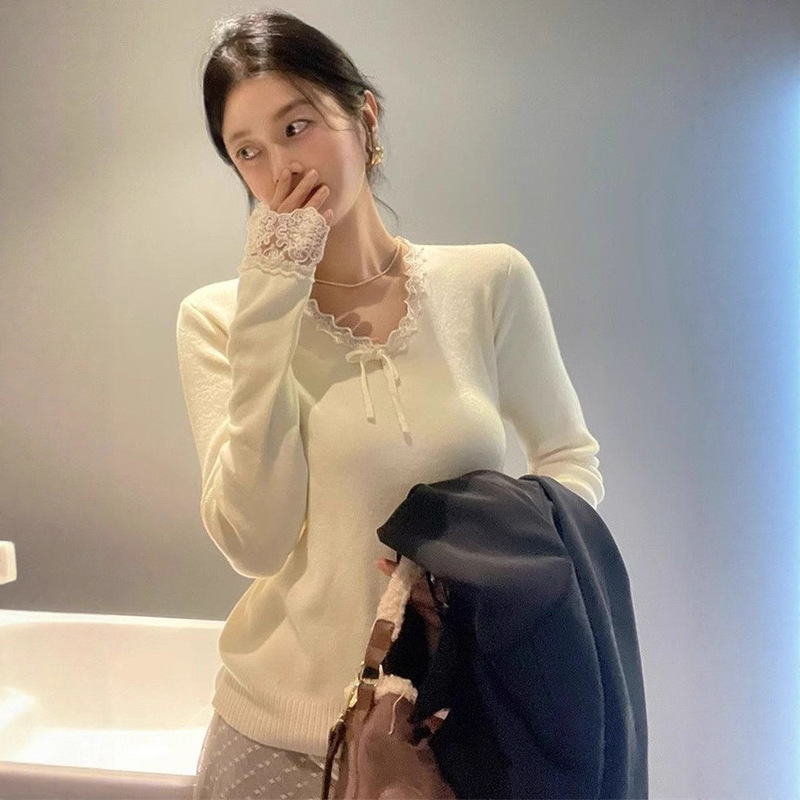 v领蝴蝶结毛衣针织衫女冬季202新款拼接蕾丝边长袖拼色修身上衣|undefined