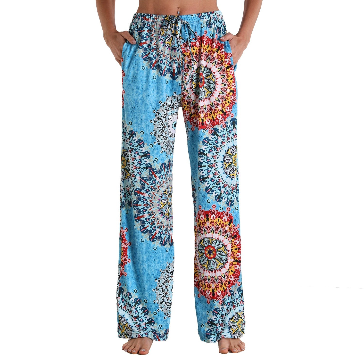 Spot TUME venta caliente 2025 pantalones casuales de comercio exterior europeo y americano estampado elástico pantalones de pijama sueltos rectos ropa de hogar mujeres