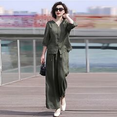 棉麻套装妈妈装夏季新款休闲时尚短袖上衣阔腿裤休闲裤两件两件装