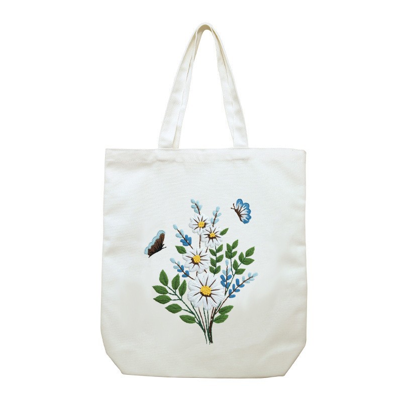 Hecho a mano DIY cinta bordada bolsa de lona Lu bordado solo hombro bolso tridimensional bordado flor lienzo mujer bolsa grande